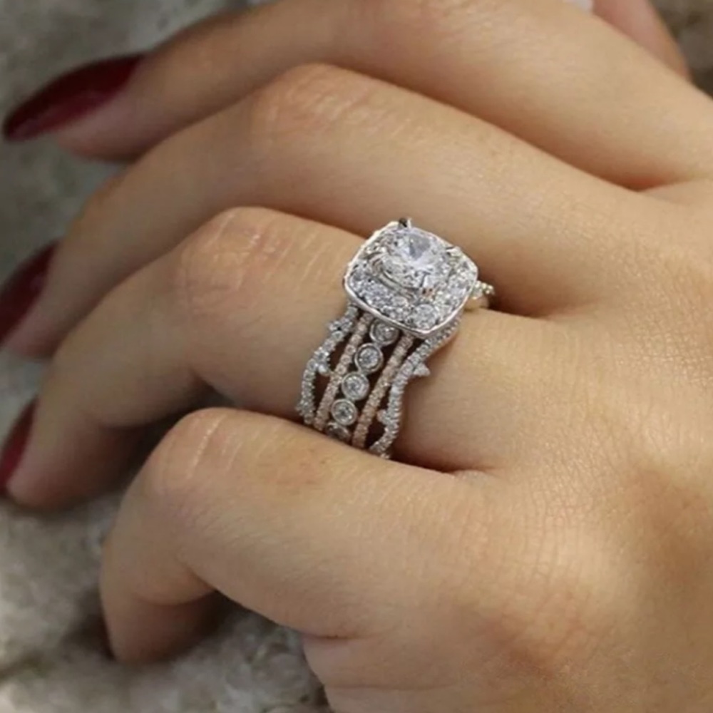 Square Cubic Zirconia Filigree Style Wedding Engagement Ring
